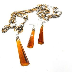 Necklace & Earrings Set Glass Faceted Pendulum Long Pendant